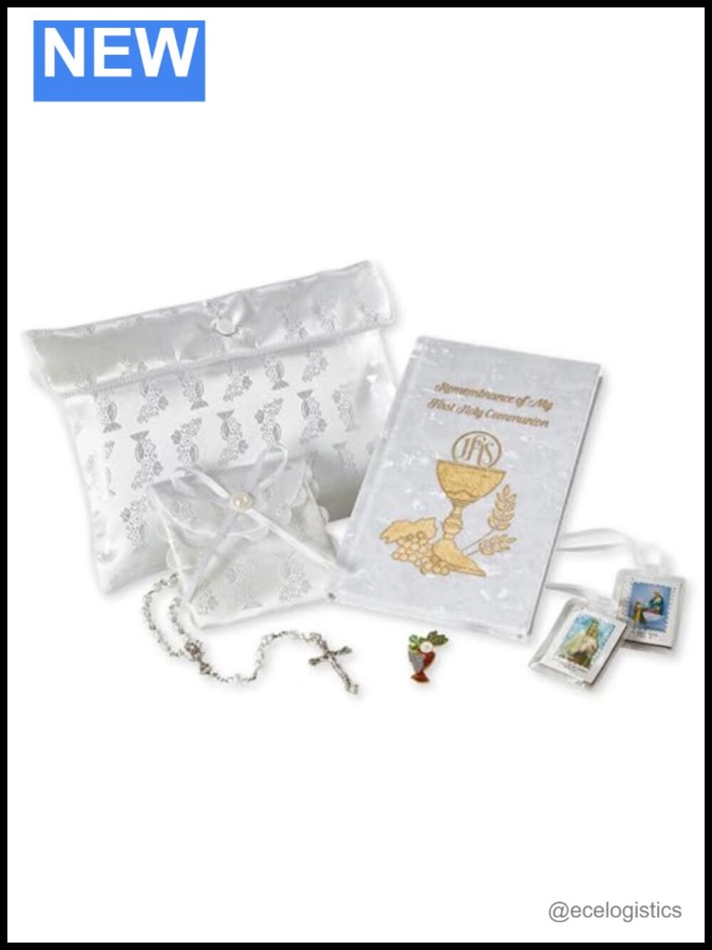 First Communion Satin Purse Gift Set with Faux Pearl Rosary & Keepsakes